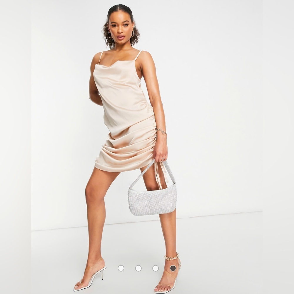 NaaNaa Slip Dress 4 Midi Ecru Cream Satin Cinch Side Cowl Neck Neutral Chic NEW